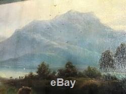 Pair Victorian Oil Paintings 19th Century Scottish Highlands Long Horn Cattle