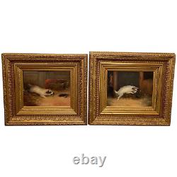 Pair Victorian Sporting Oil Paintings Terrier Dogs Ratting Signed J Langlois