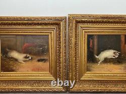 Pair Victorian Sporting Oil Paintings Terrier Dogs Ratting Signed J Langlois