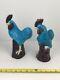 Pair Vintage Antique Chinese Porcelain Turquoise Ceramic Majolica Roosters China