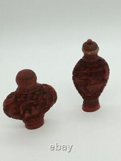 Pair Vintage Antique Chinese Snuff Bottle Carved Cinnabar Red Lacquer Signed