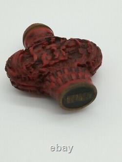 Pair Vintage Antique Chinese Snuff Bottle Carved Cinnabar Red Lacquer Signed