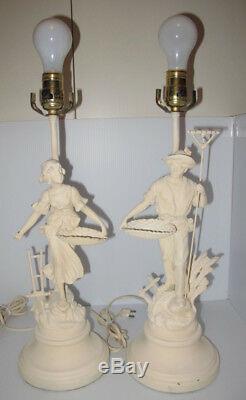 Pair Vintage Art Nouveau Figural Spelter Table Lamps Signed Francaise Paris