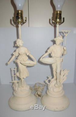 Pair Vintage Art Nouveau Figural Spelter Table Lamps Signed Francaise Paris