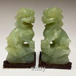 Pair Vintage Chinese Jade Foo Dogs Hand Carved on Wood Bases 6.5