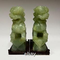 Pair Vintage Chinese Jade Foo Dogs Hand Carved on Wood Bases 6.5