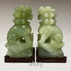 Pair Vintage Chinese Jade Foo Dogs Hand Carved on Wood Bases 6.5