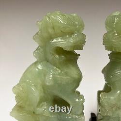 Pair Vintage Chinese Jade Foo Dogs Hand Carved on Wood Bases 6.5