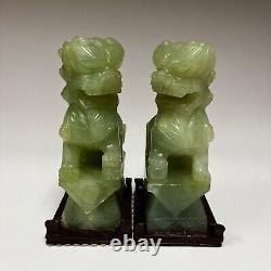 Pair Vintage Chinese Jade Foo Dogs Hand Carved on Wood Bases 6.5