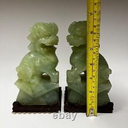 Pair Vintage Chinese Jade Foo Dogs Hand Carved on Wood Bases 6.5