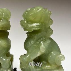 Pair Vintage Chinese Jade Foo Dogs Hand Carved on Wood Bases 6.5