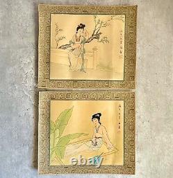 Pair Vintage Chinese Watercolour Paintings on Silk Artist Signed & Dated Geishas