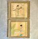 Pair Vintage Chinese Watercolour Paintings On Silk Artist Signed & Dated Geishas