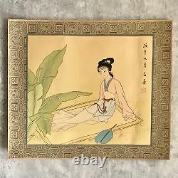 Pair Vintage Chinese Watercolour Paintings on Silk Artist Signed & Dated Geishas