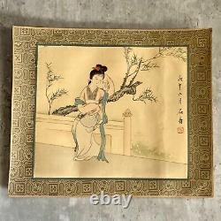 Pair Vintage Chinese Watercolour Paintings on Silk Artist Signed & Dated Geishas