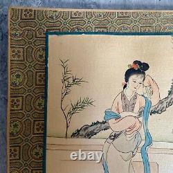 Pair Vintage Chinese Watercolour Paintings on Silk Artist Signed & Dated Geishas