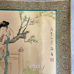 Pair Vintage Chinese Watercolour Paintings on Silk Artist Signed & Dated Geishas