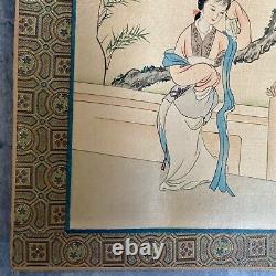 Pair Vintage Chinese Watercolour Paintings on Silk Artist Signed & Dated Geishas
