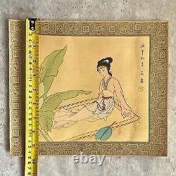 Pair Vintage Chinese Watercolour Paintings on Silk Artist Signed & Dated Geishas