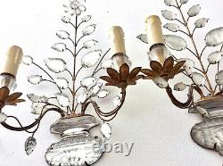 Pair Vintage French Maison Bagues Paris Wall Lamp Crystal Flower Signed 1950's