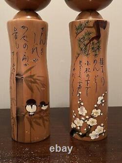 Pair Vintage Hand Painted Wood SIGNED Japanese KOKESHI Folk Art Antique Dolls