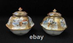 Pair Vintage Japanese Kutani Hand Painted Porcelain Lidded Hexagonal Pots Signed