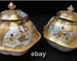 Pair Vintage Japanese Kutani Hand Painted Porcelain Lidded Hexagonal Pots Signed