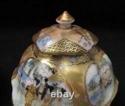 Pair Vintage Japanese Kutani Hand Painted Porcelain Lidded Hexagonal Pots Signed