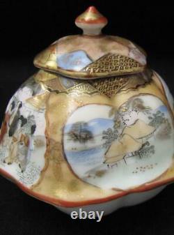 Pair Vintage Japanese Kutani Hand Painted Porcelain Lidded Hexagonal Pots Signed