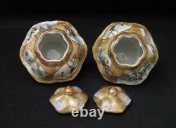 Pair Vintage Japanese Kutani Hand Painted Porcelain Lidded Hexagonal Pots Signed