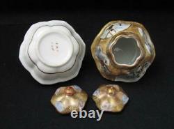 Pair Vintage Japanese Kutani Hand Painted Porcelain Lidded Hexagonal Pots Signed