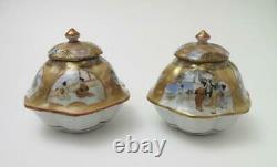 Pair Vintage Japanese Kutani Hand Painted Porcelain Lidded Hexagonal Pots Signed