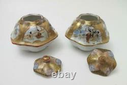 Pair Vintage Japanese Kutani Hand Painted Porcelain Lidded Hexagonal Pots Signed