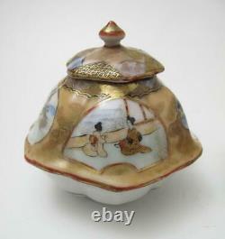 Pair Vintage Japanese Kutani Hand Painted Porcelain Lidded Hexagonal Pots Signed