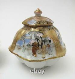 Pair Vintage Japanese Kutani Hand Painted Porcelain Lidded Hexagonal Pots Signed