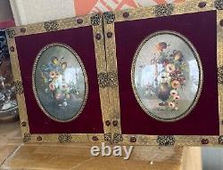 Pair Vintage Jeweled metal framed florals artist signed very nice. Czech 1930's