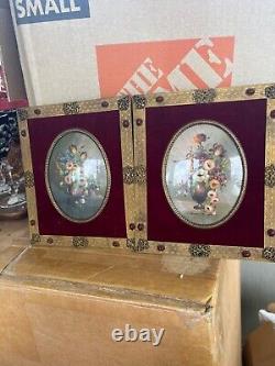 Pair Vintage Jeweled metal framed florals artist signed very nice. Czech 1930's