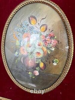 Pair Vintage Jeweled metal framed florals artist signed very nice. Czech 1930's