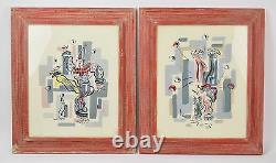 Pair Vintage Mid-Century Modern Whimsical Clown Gouache Paintings signed Ali