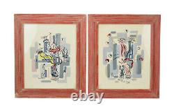 Pair Vintage Mid-Century Modern Whimsical Clown Gouache Paintings signed Ali