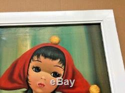 Pair Vintage Oil Painting by Eden Vertical Harlequin Girl with Big Eyes 1960's