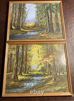 Pair Vintage Original Signed Landscape Paintings Framed Stream Forest Waterfalls