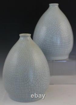 Pair Vintage Signed Nimy Belgium Art Pottery Majolica Crackle Vases