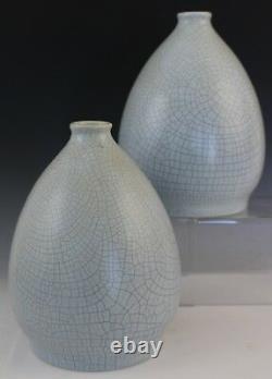 Pair Vintage Signed Nimy Belgium Art Pottery Majolica Crackle Vases