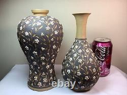 Pair Vintage Signed Oriental Chinese Japanese Art Pottery Vases