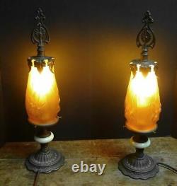 Pair Vintage Tiffin / Antique Signed A S Boudoir Lamp s withAmber Iris Shades