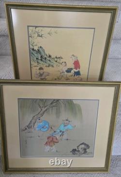 Pair Vtg CHINESE CHILDREN PLAYING ORIGINAL INK COLOR PAINTING ON PAPER SIGNED