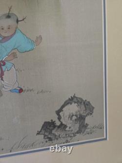 Pair Vtg CHINESE CHILDREN PLAYING ORIGINAL INK COLOR PAINTING ON PAPER SIGNED