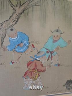Pair Vtg CHINESE CHILDREN PLAYING ORIGINAL INK COLOR PAINTING ON PAPER SIGNED