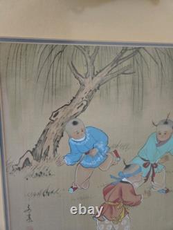 Pair Vtg CHINESE CHILDREN PLAYING ORIGINAL INK COLOR PAINTING ON PAPER SIGNED